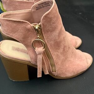 Forever 21 Blush Suede Peep-Toe Block Heel Mules with Tassel Zip
